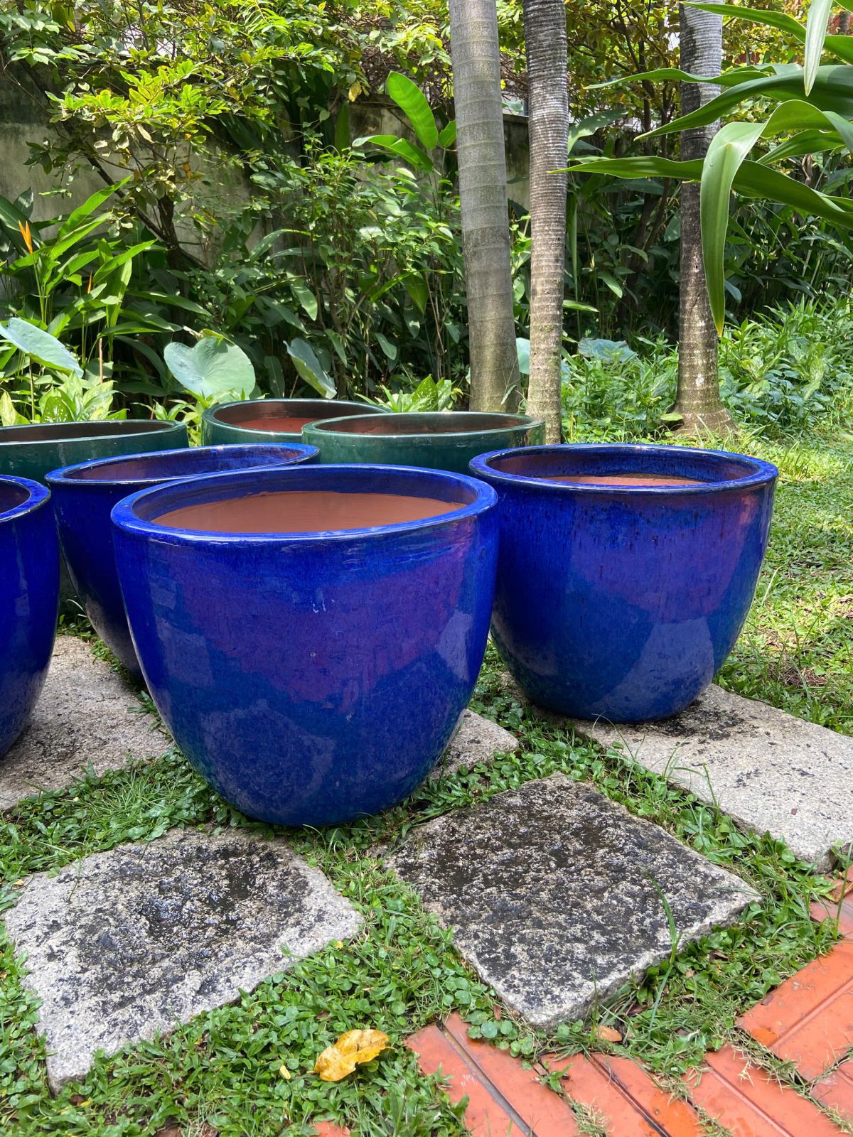 Blue/ Green Glazed Terra Cotta Barrel Planter 