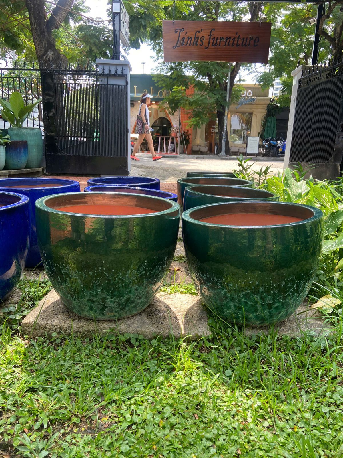 Blue/ Green Glazed Terra Cotta Barrel Planter 